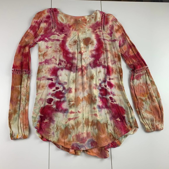 Hand Dyed Knox Rose Long Sleeve Peasant Top Small Tie Dye Pink Orange Flowy - Picture 5 of 8